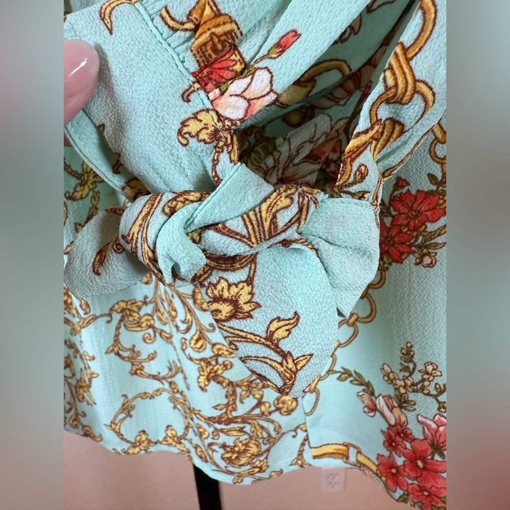 Fig & Flower Blouse Tie Sleeve Aqua Gold Anthropologie Cottagecore Spring Small - Picture 4 of 9